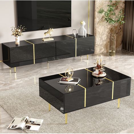 Meuble rangement salon noir 170 cm table brillant set OKMYHOME (1/5)