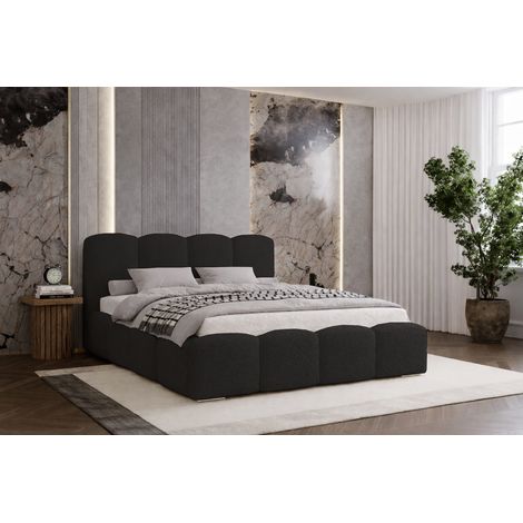 Lit rembourré 140x200 Zenna - bouclé, lit adulte avec rangement, sommier - Noir (Lambi 13) (1/5)