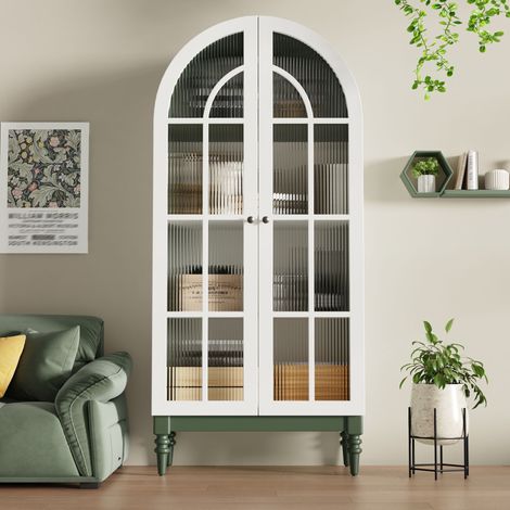 Vitrina arqueada de 165 cm con puertas dobles de cristal estriado, 3 estantes, 2 colores (verde oscuro + blanco). (1/5)