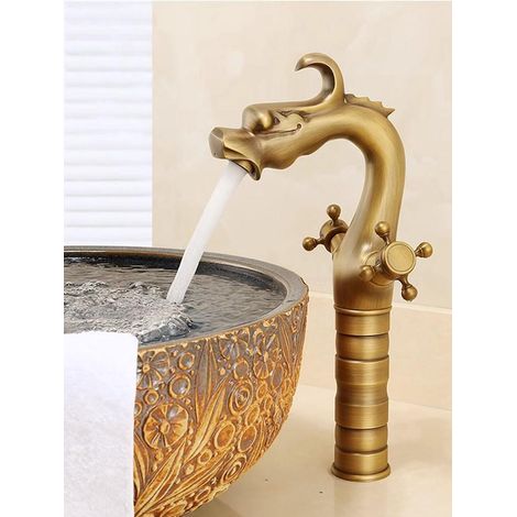 Robinet de Salle de Bain de Lavabo Haut en Laiton Antique, Double Poignée Mitigeur de Lavabo Bronze Vintage, Rétro Tête de Dragon Robinets de Lavabo D'eau Chaude et Froide (1/5)