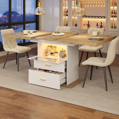 Tavolo da pranzo allungabile 110x80x75 cm, con LED e controllo tramite app, con contenitore e cassetti, MDF bianco (1/5)