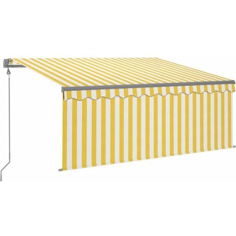 Store banne rétractable automatique avec rideau occultant, 3 x 2,5 mètres, à rayures jaunes et blanches. (1/5)