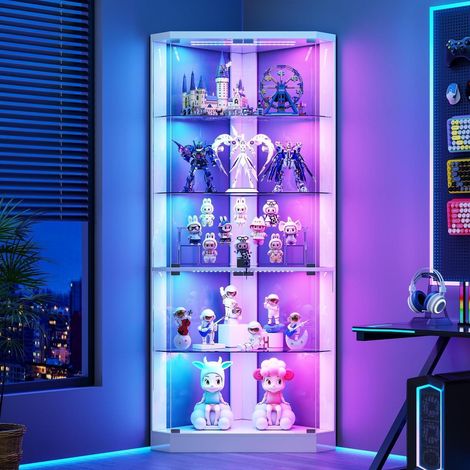 Eckvitrine mit LED Beleuchtung, Glastüren & Sensor, 175cm, 5-lagig, Weiß (1/5)