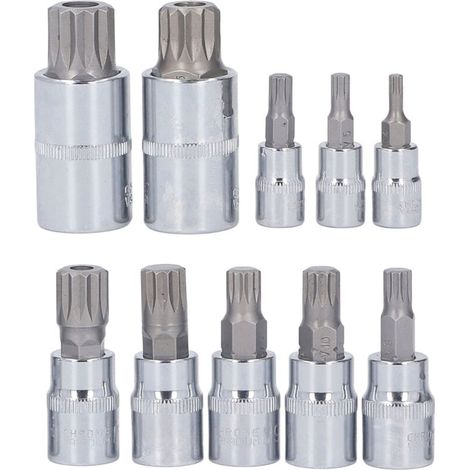 Jeu de Douilles Cannelées 10 Pièces, Jeu de Douilles à Embout cannelé Triple carré, Douille à Embout CR V avec Boîte de Rangement, Embout cannelé Interne (1/5)