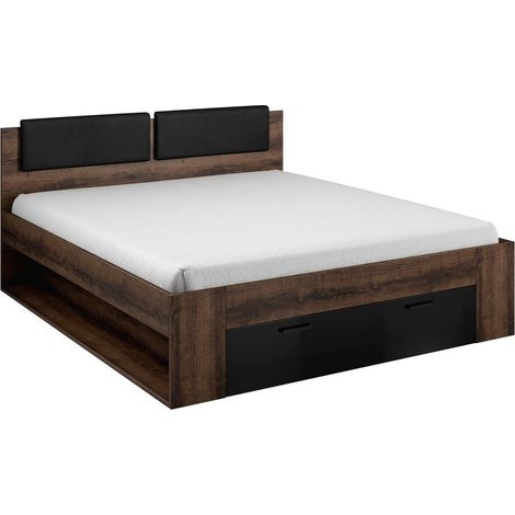 Cama Levruvu 106, Roble del Monastery + Negro brillante, Doble, 160x200, Aglomerado laminado, 166x205x94cm