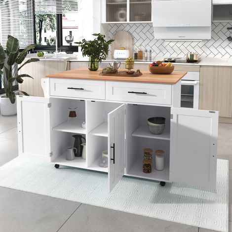 Table roulante 129x46(71)x91,5 cm, buffet blanc avec plateau rabattable, étagères intégrées dans les portes, îlot de cuisine sur 5 roues, armoires et 2 tiroirs de rangement, pour salle à manger (1/4)