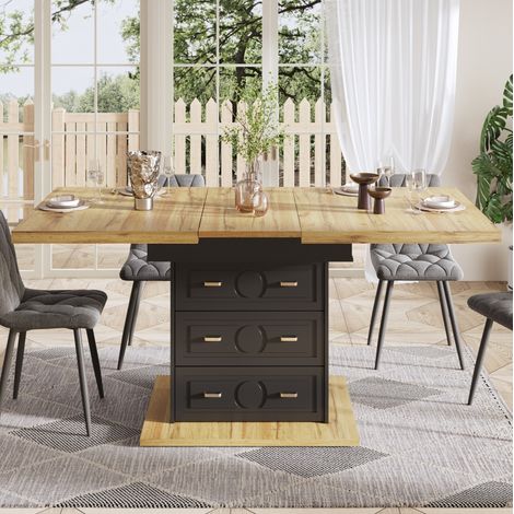 Mesa comedor extensible con cajones madera natural OKMYHOME (1/5)