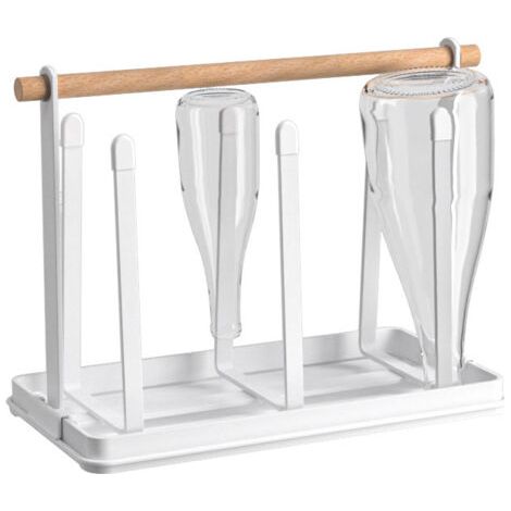Égouttoir à bouteilles et porte-tasses (blanc), étagère de cuisine métallique 6 pièces, égouttoir à bouteilles