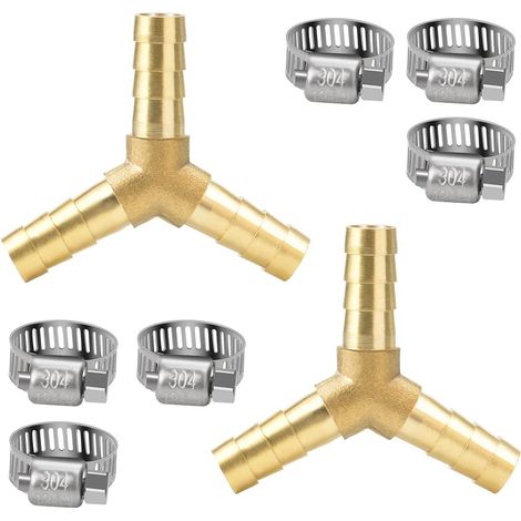 2 Pièces Connecteurs de Tuyaux en Y à 8mm, Tuyau en Laiton té Cannelé, 3 Voies en Forme de Y Raccord de Tuyau avec 6 Piècse Colliers de Serrage de Tuyau (1/5)