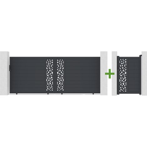 Portail coulissant 4m RUIVO H.160cm + Portillon 1m RUIVO H.160cm aluminium gris