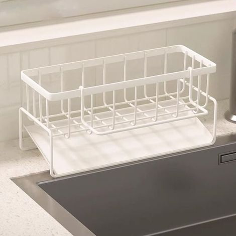 Égouttoir, support de rangement pour évier de cuisine, porte-éponge avec porte-serviettes, adapté à la cuisine, à la salle de bain (blanc) (1/4)