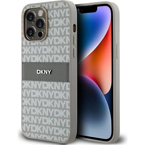 Dkny DKHCP14LPRTHSLE iPhone 14 Pro6.1 Estuche rígido de cuero beige con rayas monocromáticas y logotipo de metal (1/5)
