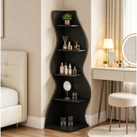 Estantería esquinera de 5 niveles negra con baldas ajustables, diseño estrecho para libros, decoración y archivadores en salón, oficina o recibidor – CHICFURN (1/5)