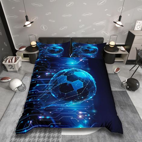 Parure de lit avec housse de couette de 135 x 200 cm, motif de football, bleu fluo, à rayures géométriques, décoration de chambre à coucher, pour garçons et filles, art moderne (1/5)