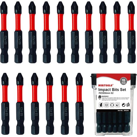 Set de 15 embouts de tournevis Pozidriv magnétiques en acier S2 - (50 mm) PZ2 antidérapant, tige hexagonale 1/4", résistant à un couple élevé et aux chocs pour perceuses et tournevis. (1/5)