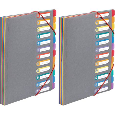 Trieur Document A4 avec 12 Compartiments - Organisateur de bureau extensible - Porte document A4 avec index - Fermeture par élastique - Rainbow Touch Gris (Lot de 2) (1/5)
