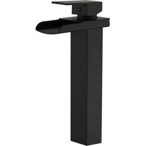 Robinet de lavabo de salle de bain noir mat avec bec cascade et tuyau d'alimentation, mitigeur monotrou à poignée unique, mitigeur de lavabo incliné, grand modèle commercial, noir (1/4)