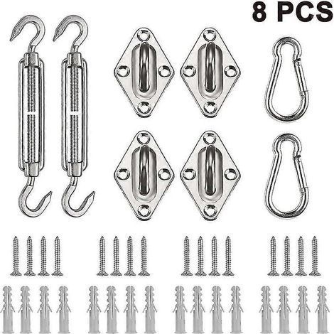 Ensemble de 8 pièces pour fixation de voile d'ombrage : 2 tendeurs en acier inoxydable, 2 mousquetons et 4 accessoires de fixation murale pour une installation sécurisée de la voile d'ombrage carrée. (1/5)