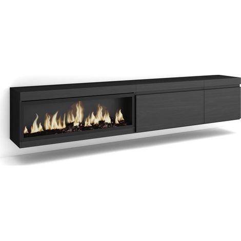 Skraut Home - Mueble TV, Televisión, Muebles de salón, almacenaje, 237x45x35 cm, Para TV gran formato, Chimenea eléctrica XXL, Colgado, Suspendido, Estilo Moderno, Negro (1/5)