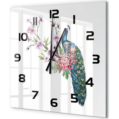 Grande Horloge Murale Carrée Design Moderne en Verre Trempé Silencieuse pour Salon Paon et fleurs 60x60 cm (1/5)