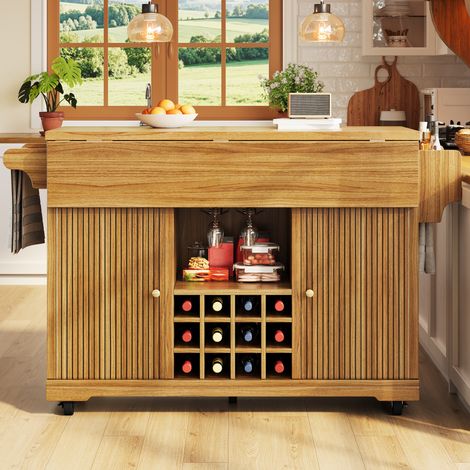Isola da cucina su ruote con tavolo estensibile, 142,5 x 80 x 95 cm, marrone scuro DESVIAE (1/5)
