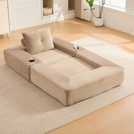 Schlafsofa 122/198 cm in Khaki aus Cord mit Getränkehalter, Seitentasche und abnehmbaren Armlehnen (1/5)