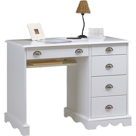 Beaux Meubles Pas Chers – Bureau droit 5 tiroirs blanc – Style anglais – Longueur 100 cm – Hauteur 74.7 cm – Profondeur 58.3 cm – Socle en pin massif laqué (1/3)