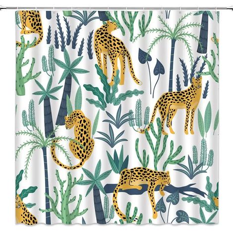Rideau de douche bohème guépard, rideau de bain léopard tropical, rideau de salle de bain rose moderne à motif floral bleu et phases de lune, 300 x 180 cm - 118 x 70 pouces