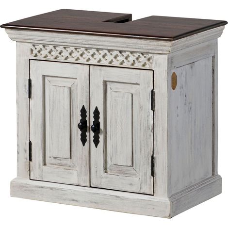 Massivmoebel24 – Meuble sous vasque simple en bois de manguier et acacia blanc ciré – Dimensions 66x41x60 cm – Design élégant pour salle de bain (1/4)