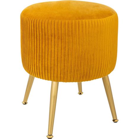 Atmosphera – Tabouret en velours jaune moutarde – D. 35 x H. 41 cm – Structure MDF et pieds en fer – Rembourrage mousse polyuréthane