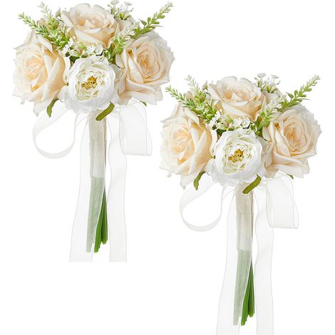 2 künstliche, naturgetreue Rosensträuße, dekorative Brautsträuße für Hochzeiten und Feiertage, Champagner (1/2)