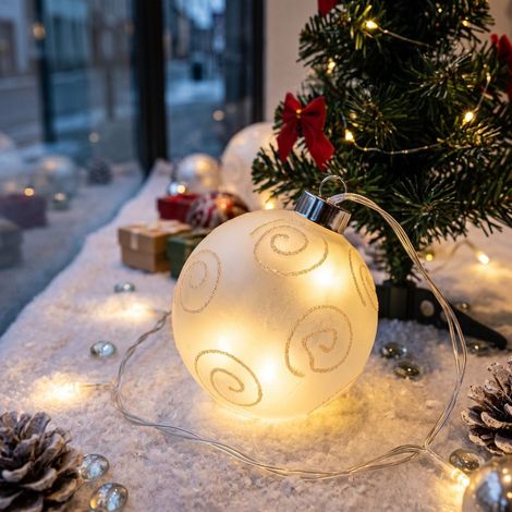 Palla di Natale a Led in Vetro Bianco con Cerchi Argento (1/2)
