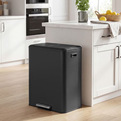 Poubelle de Cuisine, 2 x 30 L Poubelle Double pour le Recyclage et les Déchets Ménagers, Seaux Intérieurs, Acier, Fermeture Douce, Pédale, Noir d'Encre LTB566B02 (1/5)