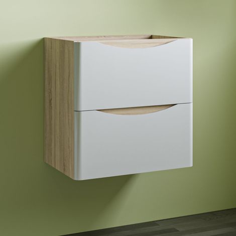 Wall Mounted Modern Bathroom Vanity Unit without Basin Flat Pack 2 Drawers - 495mm Matt White + Oak (1/5)