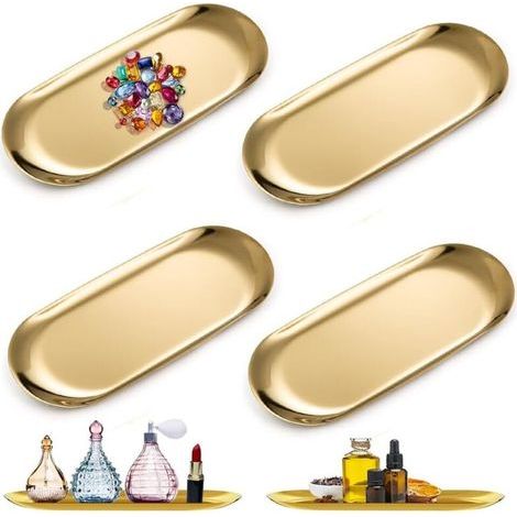 Pair 4-teiliges goldenes Tablett-Set, ovales Tablett, goldenes Aufbewahrungstablett, Aufbewahrungstablett aus Edelstahl für Snacks, Obst, Kerzen, Süßigkeiten, Schlüssel, Kosmetikartikel, Schmuck