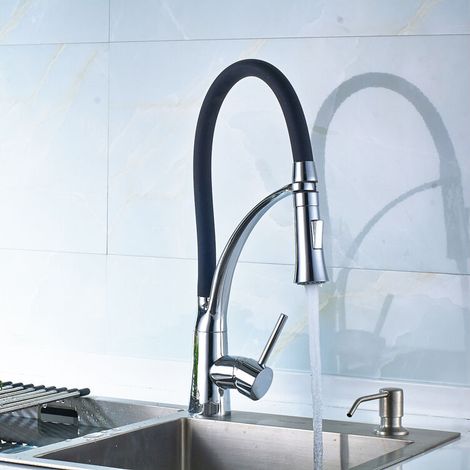Robinet Cuisine, Mitigeur Cuisine de Flexible Bec Pivotant à 360° et Tuyau en Silicone Noir, avec Douchette Extractible et Pulvérisateur Double Fonction, Froid & Chaud Disponible, Laiton Chrom