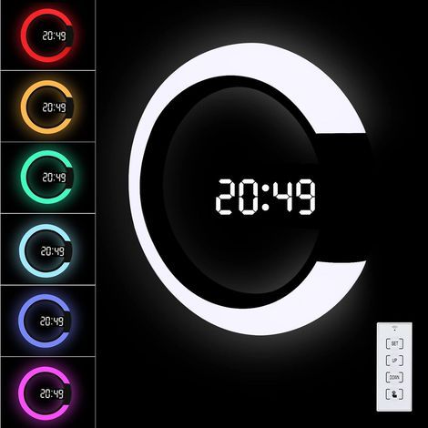 Reloj de pared digital LED AIDUCHO con control remoto, alimentación USB, formato de hora 12/24 horas, indicador de temperatura, 3 niveles de brillo, luz RGB de 7 colores, alarma y función de repetició (1/5)
