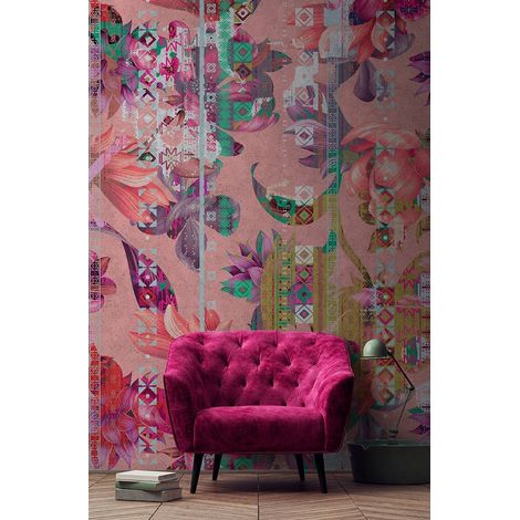 Papier peint panoramique rose tropical | Tapisserie panoramique fleurie idéale salon | Papier peint panoramique ethnique exotique chambre fille - 270 x 400 cm (4 pièces) (1/5)