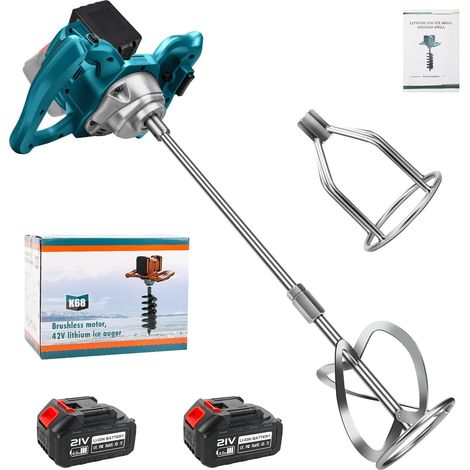 Cordless Mortar Mixer with 2 Batteries, Color Mortar Mixer 1200W Cement Mixer, 6 Speed, Lockable Switch, Ergonomic, Industrial Paint Mixer (1/5)