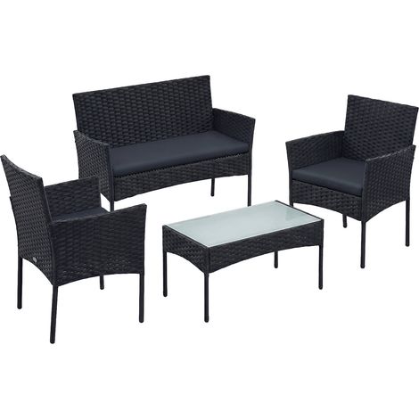 Ensemble Mobilier de Jardin 4 Places, Fauteuils et Banquette en Résine Tressée, Table, pour Patio, Noir et Gris (1/5)