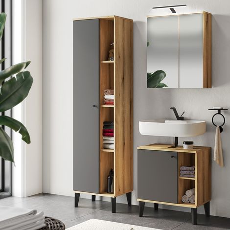 Badmöbel-Set 3-teilig mit Waschbeckenunterschrank 60 cm, LED-Spiegelschrank, Hochschrank, in Eiche mit grau OLEAN-61 (1/5)