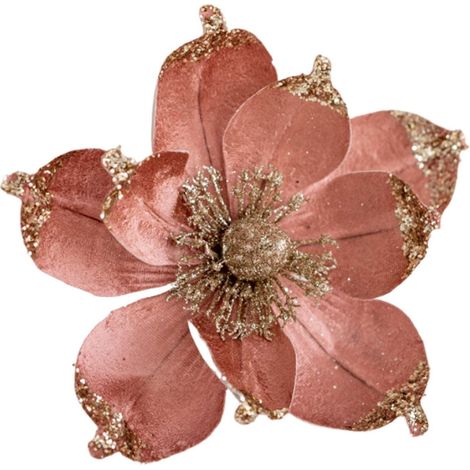Fleurs Artificielles Magnolia - Pétales Velours et Paillettes - Tige Flexible en Fil de Fer - Pour Décoration Arbre de Noël, Couronne et Guirlande - 1 Pièce (1/3)