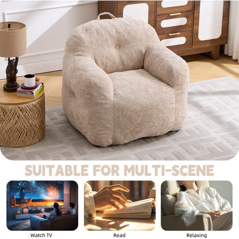 Coussin géant en fausse fourrure beige avec rembourrage mousse déchiquetée, fauteuil pouf à accoudoirs pour salon, chambre et coin lecture, sans montage requis (1/5)