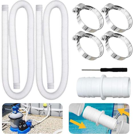 Lot 2 tuyaux piscine 32mm 150cm – pour pompes – avec 4 clips sécurité + 1 raccord – blanc (1/5)