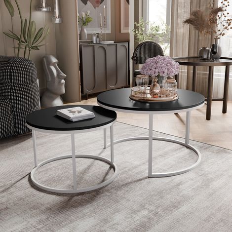 Lot de 2 Tables Basses Gigognes LAVO - 70/50 cm - Structure en Métal - Moderne Table Basse Ronde - Blanc / Noir mat (1/5)