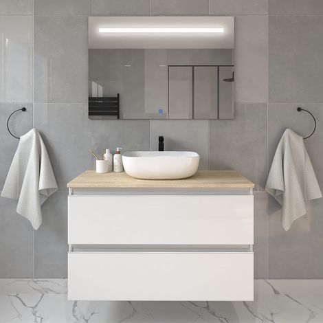 Meuble de salle de bain avec vasque à poser arrondie - blanc - BALEA et miroir Led STAM - 100cm (1/5)