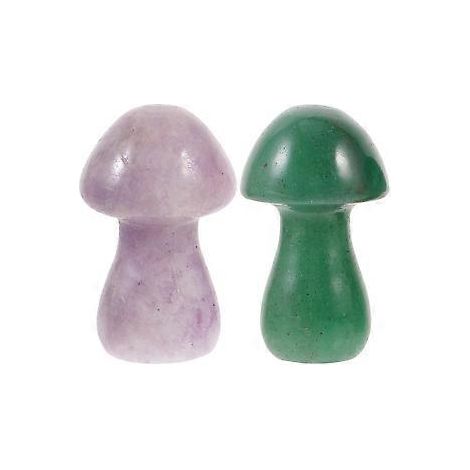 Lot de 2 décorations en pierre naturelle représentant des champignons colorés, sculptures et ornements.