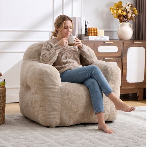 Fauteuil poire 95 x 95 x 79 cm beige, tissu peluche, rembourrage mousse, sans montage MEUBLIV (1/5)