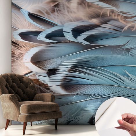 Papier peint autocollant avec imprimé pour intérieur moderne application facile a motif Plumes bleues 250x250 cm (1/5)