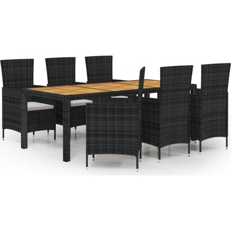 Salon de jardin 7 pcs Ensemble Table et Chaise de Jardin - avec coussins Résine tressée Noir BV409403 - BonneVie (1/5)